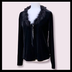 NEW My Michelle black velvet-y cardigan blazer w/feather-y trim neckline
